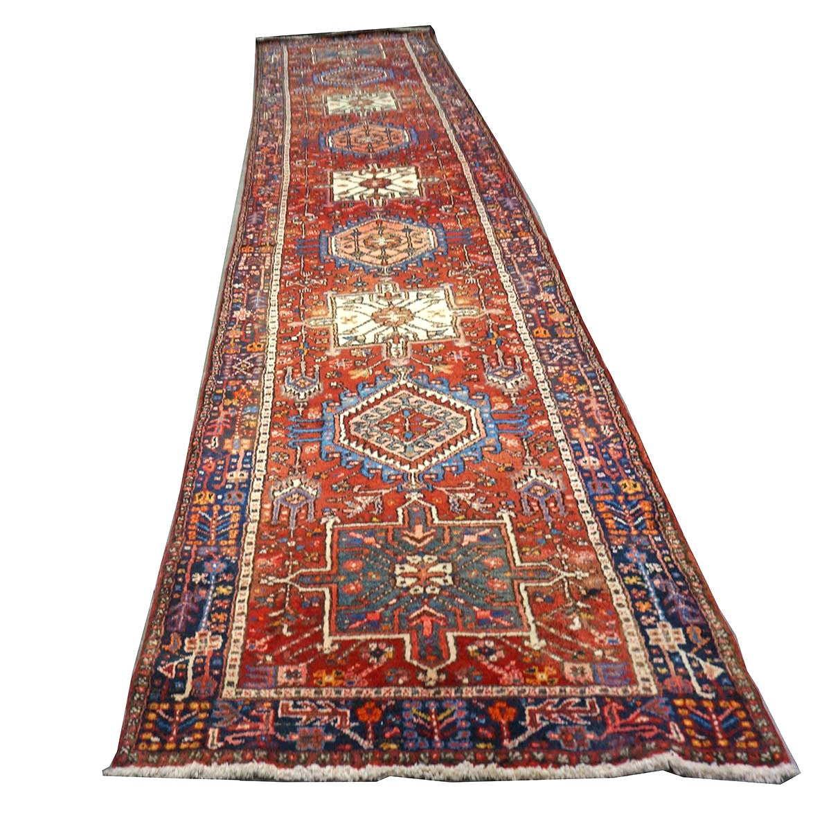 Vintage Persian Karajeh Wool 3x15 Red, Ivory & Navy Handmade Runner Rug #9902669