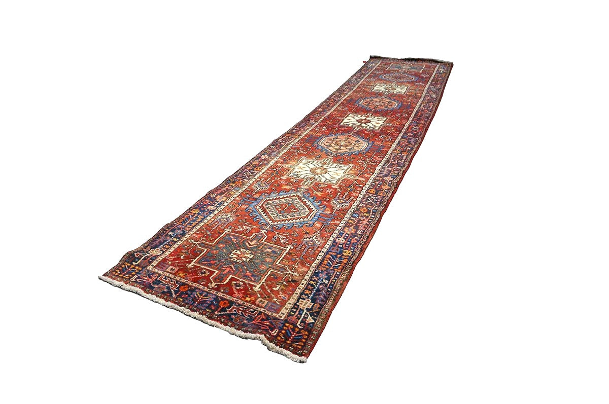 Vintage Persian Karajeh Wool 3x15 Red, Ivory & Navy Handmade Runner Rug #9902669