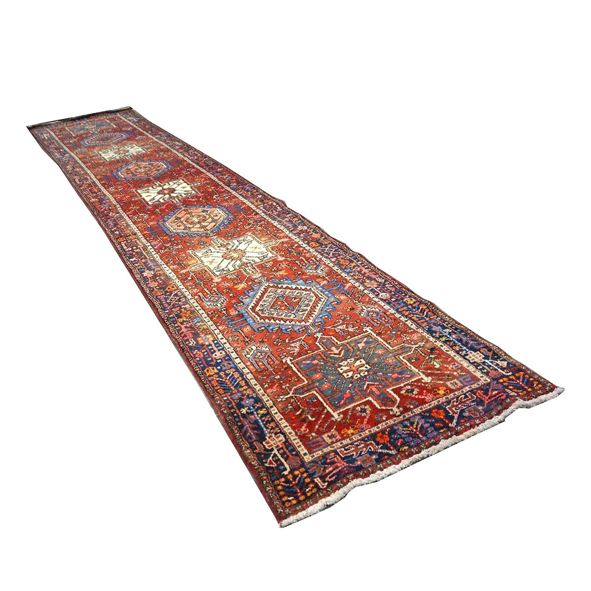 Vintage Persian Karajeh Wool 3x15 Red, Ivory & Navy Handmade Runner Rug #9902669