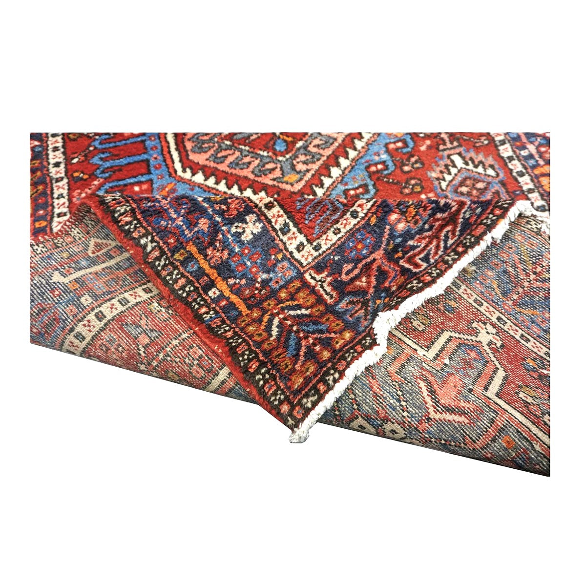 Vintage Persian Karajeh Wool 3x15 Red, Ivory & Navy Handmade Runner Rug #9902669