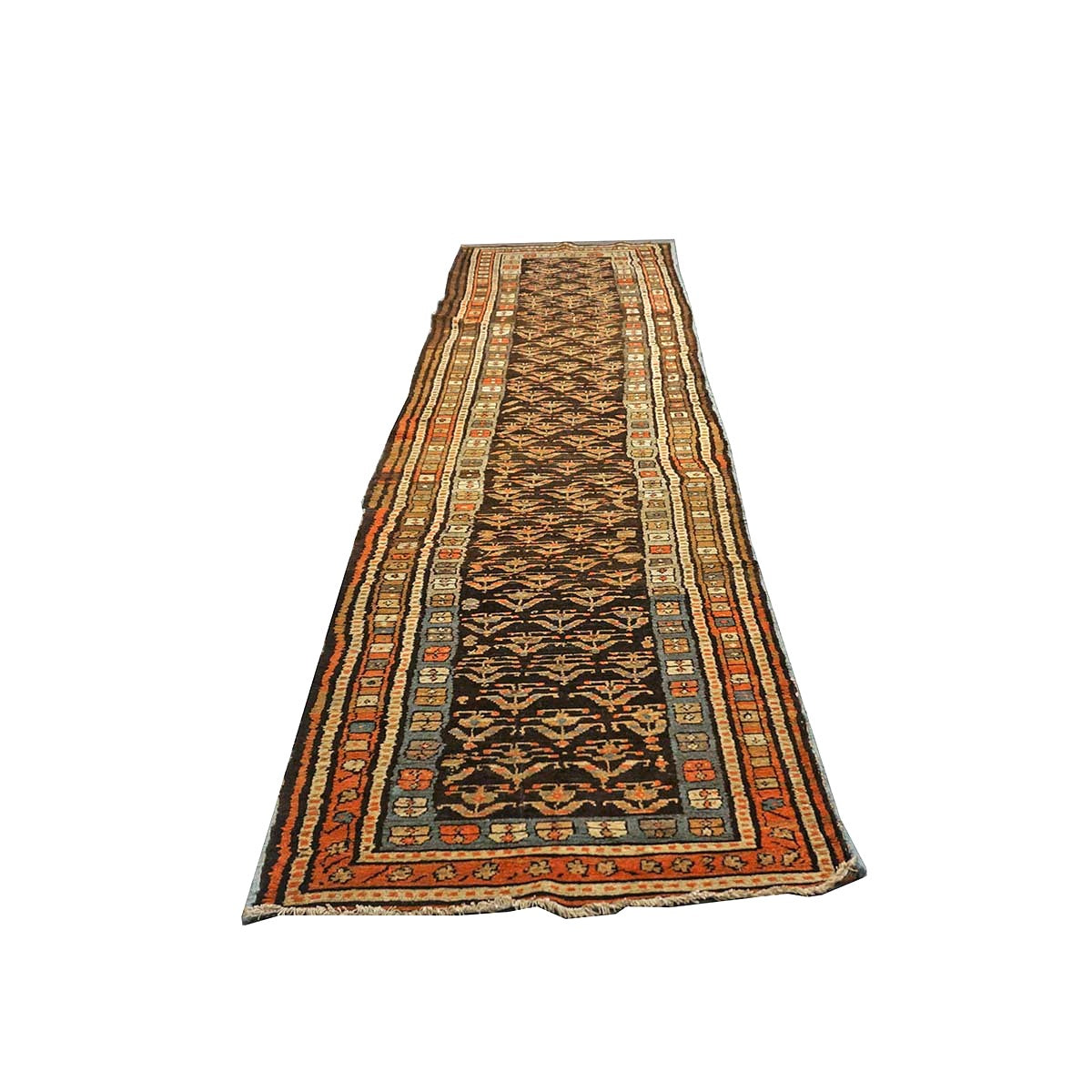 Antique Persian Hamadan Wool 3x11 Brown & Orange Handmade Runner Rug #9902677