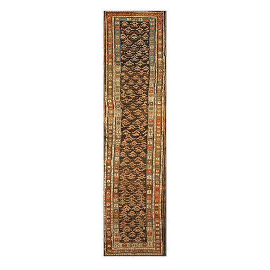 Antique Persian Hamadan Wool 3x11 Brown & Orange Handmade Runner Rug #9902677