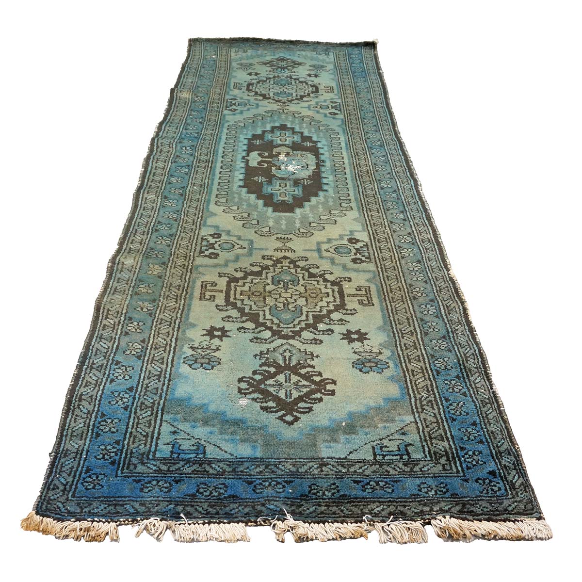 Vintage Persian Overdyed 4x10 Blue, Green & Brown Handmade Gallery Rug #9902690