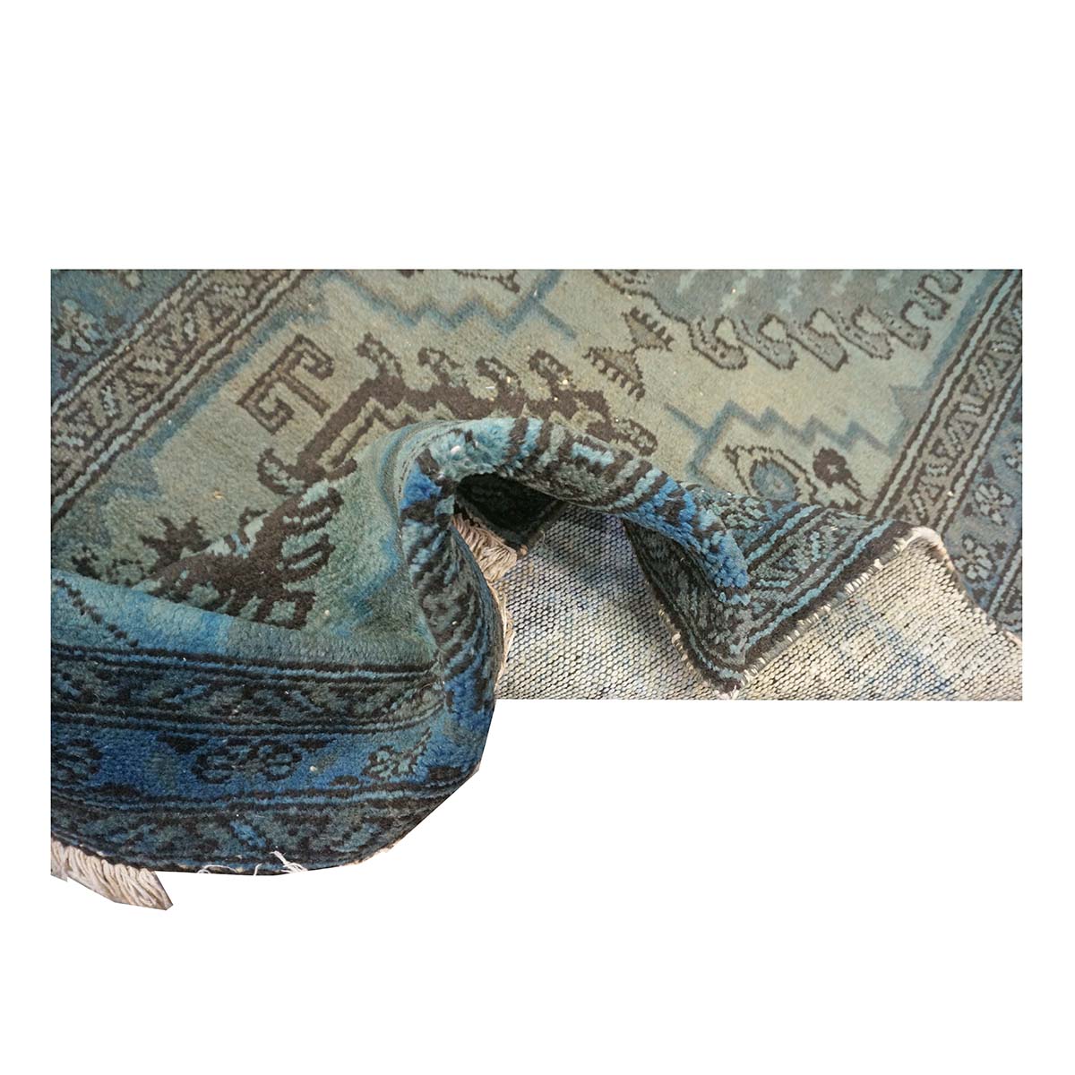 Vintage Persian Overdyed 4x10 Blue, Green & Brown Handmade Gallery Rug #9902690