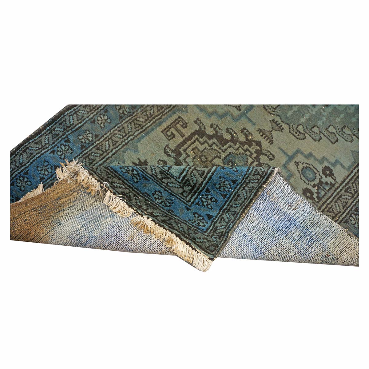 Vintage Persian Overdyed 4x10 Blue, Green & Brown Handmade Gallery Rug #9902690