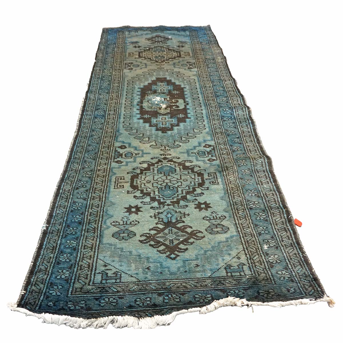 Vintage Persian Overdyed 4x10 Blue, Green & Brown Handmade Gallery Rug #9902690
