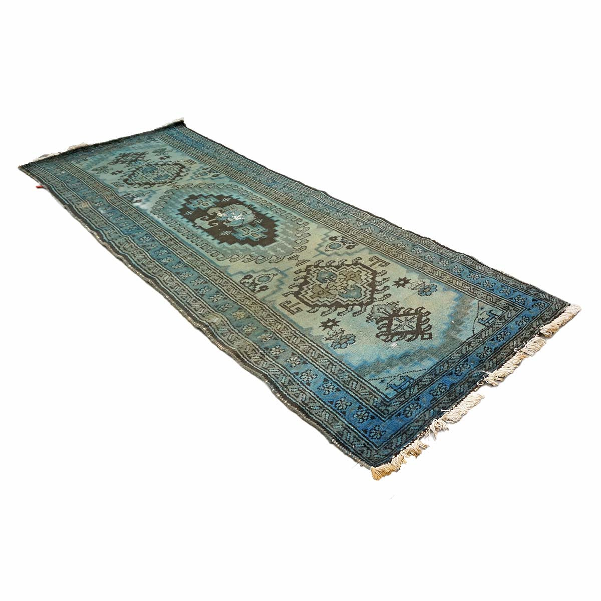 Vintage Persian Overdyed 4x10 Blue, Green & Brown Handmade Gallery Rug #9902690