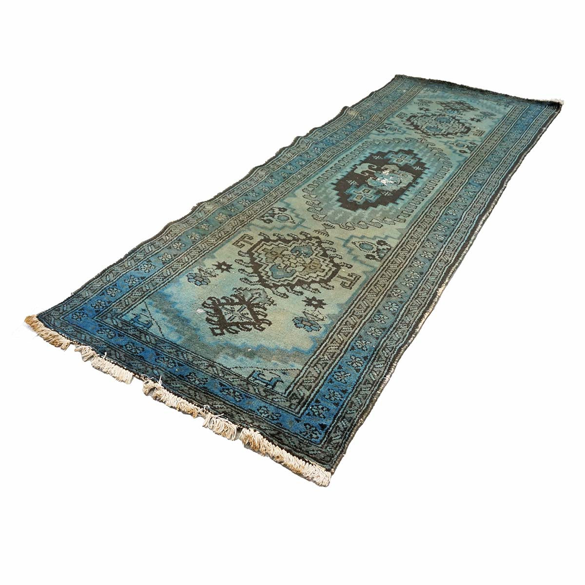 Vintage Persian Overdyed 4x10 Blue, Green & Brown Handmade Gallery Rug #9902690