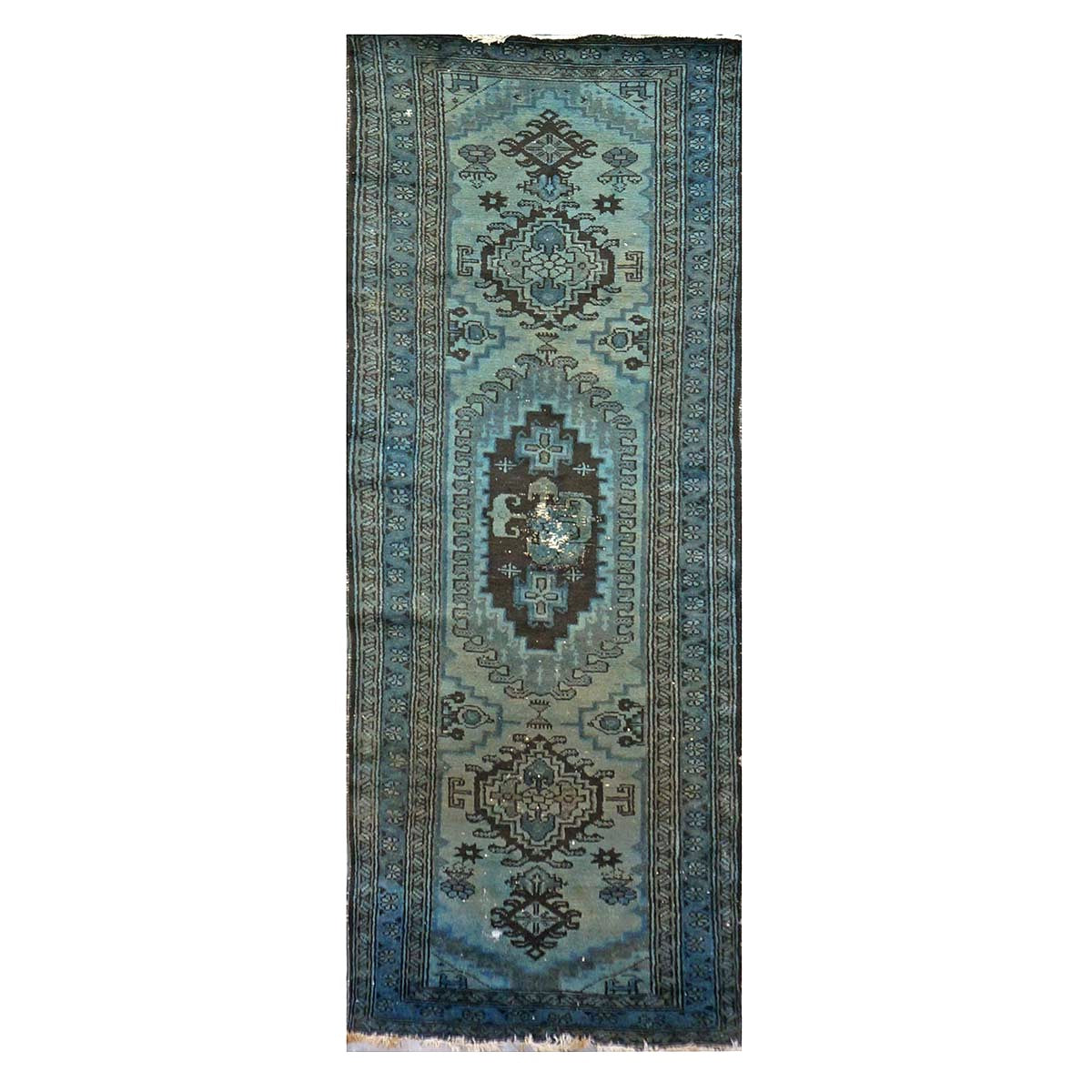 Vintage Persian Overdyed 4x10 Blue, Green & Brown Handmade Gallery Rug #9902690