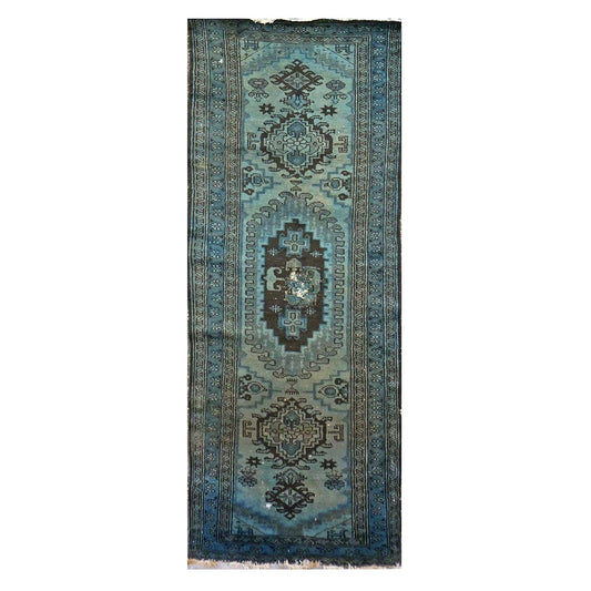 Vintage Persian Overdyed 4x10 Blue, Green & Brown Handmade Gallery Rug #9902690