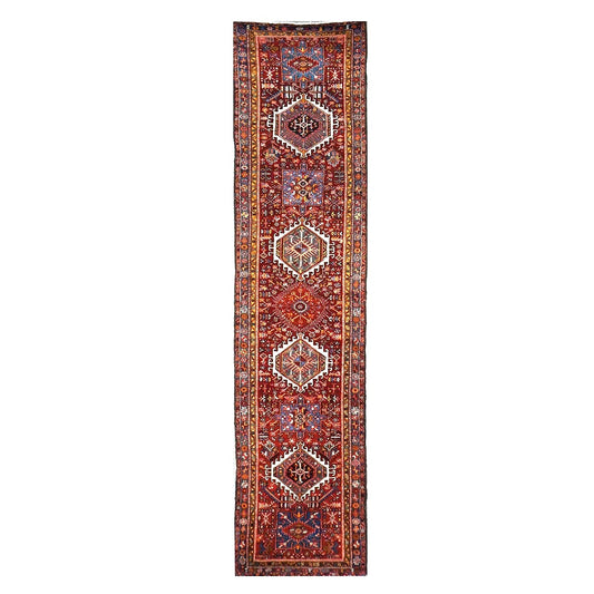 Persian Karajeh Wool 4x15 Red, Ivory & Yellow Handmade Gallery Rug #9902697