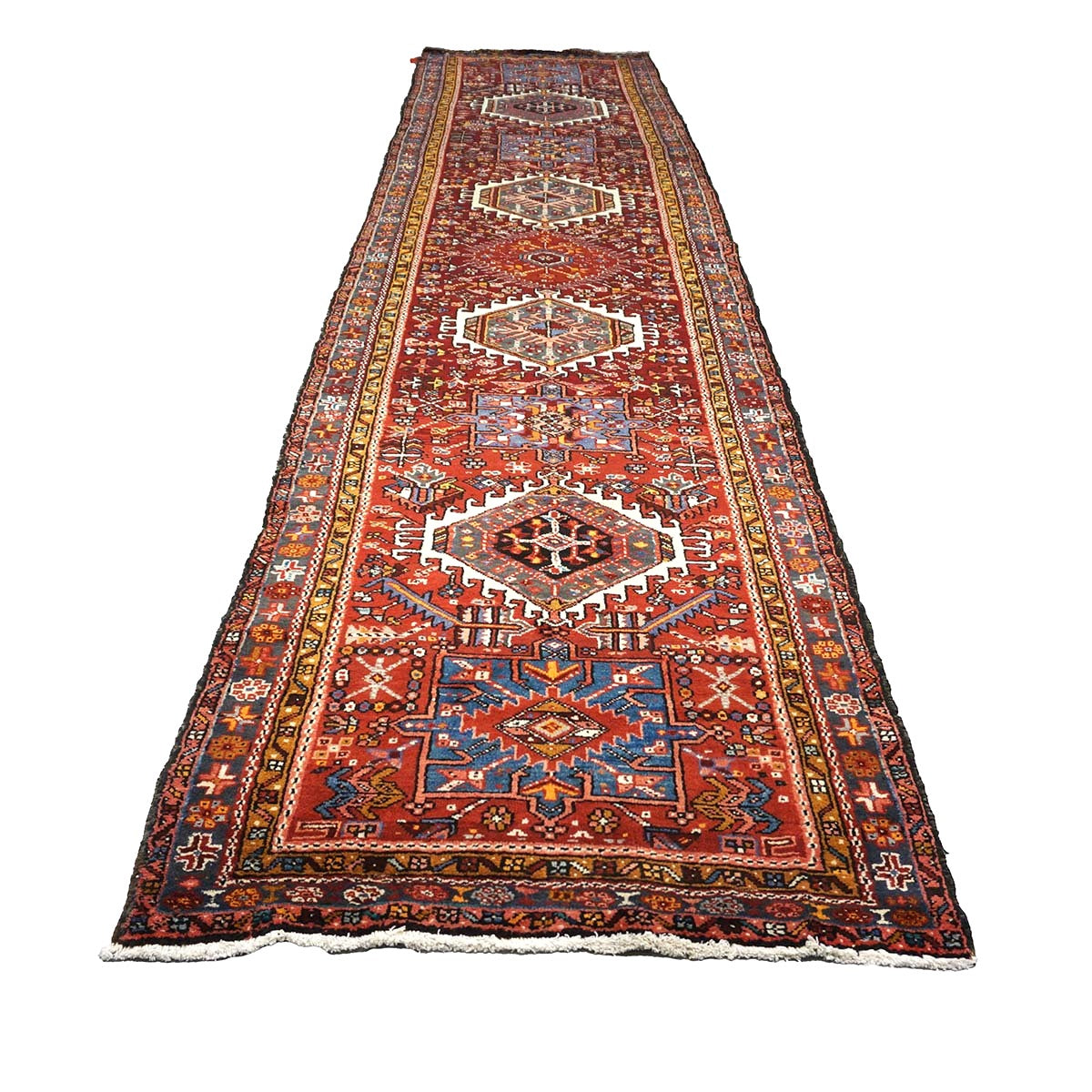 Persian Karajeh Wool 4x15 Red, Ivory & Yellow Handmade Gallery Rug #9902697