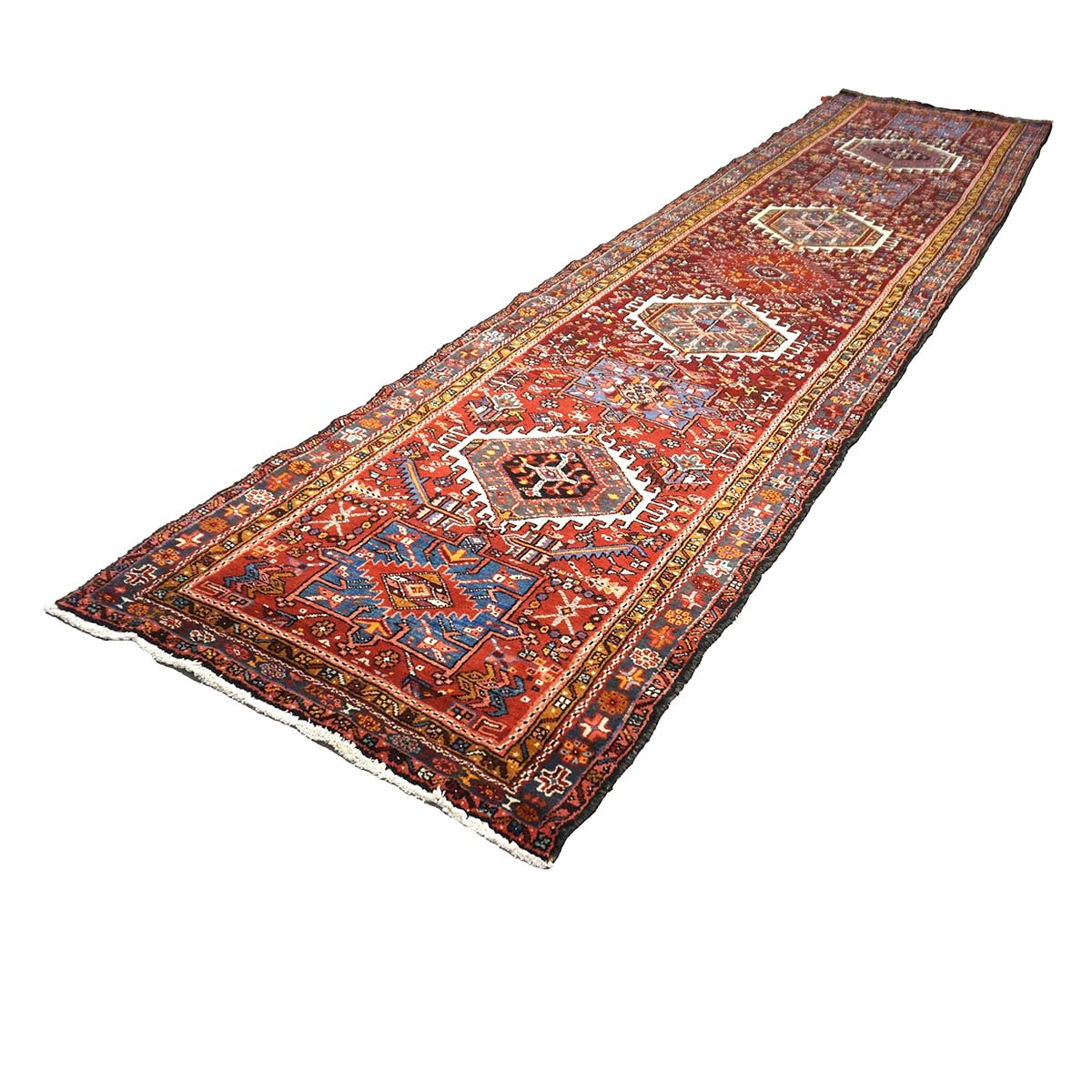 Persian Karajeh Wool 4x15 Red, Ivory & Yellow Handmade Gallery Rug #9902697