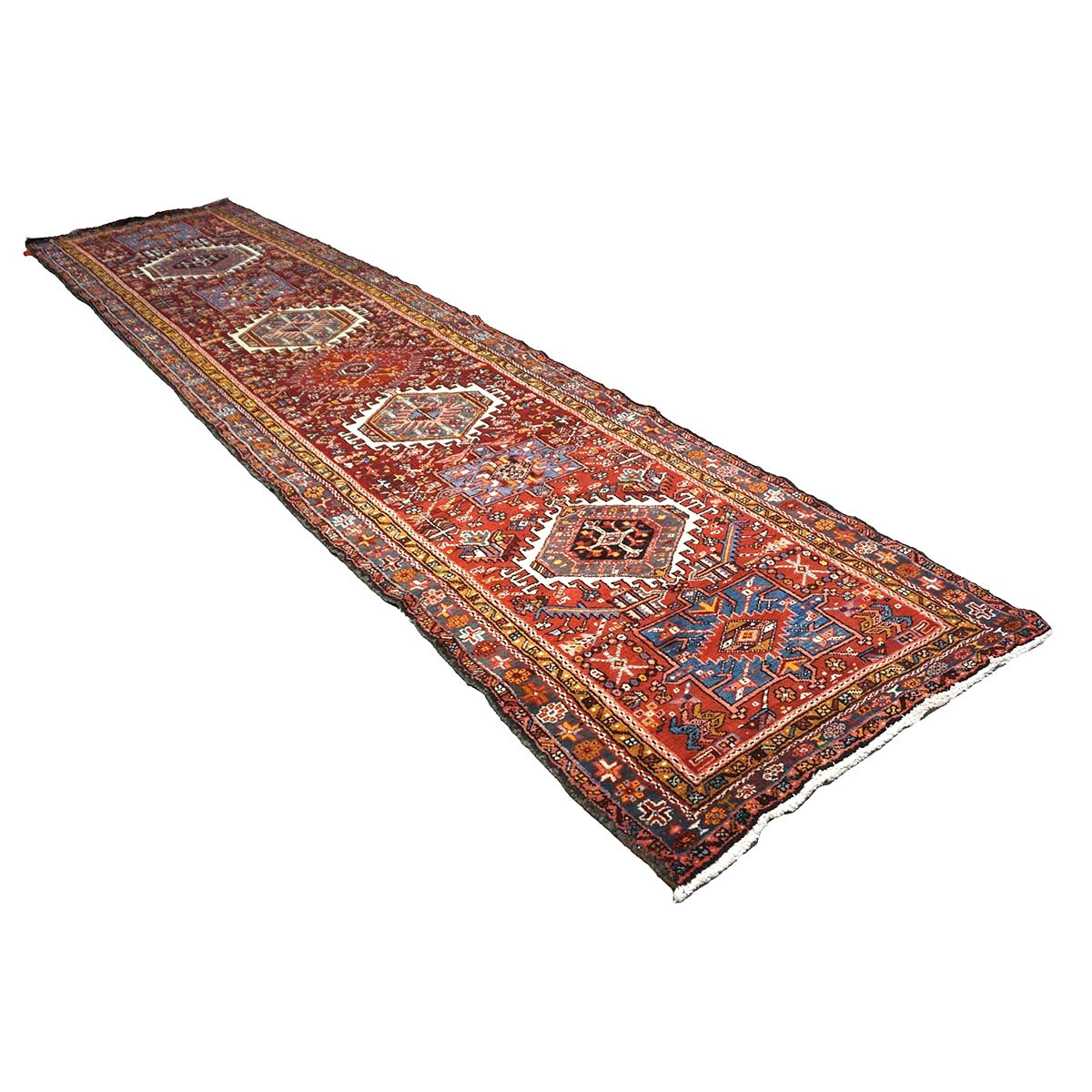 Persian Karajeh Wool 4x15 Red, Ivory & Yellow Handmade Gallery Rug #9902697