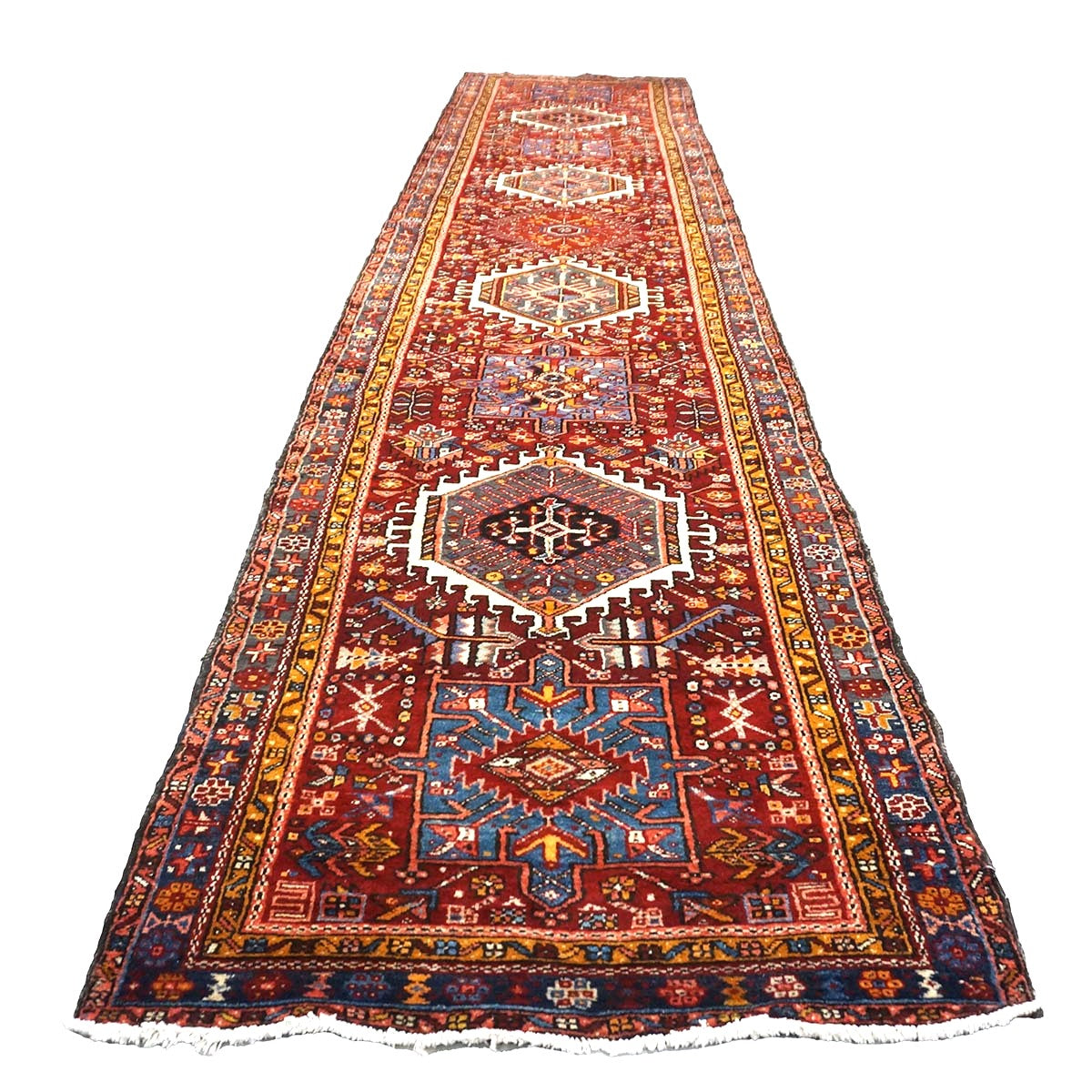 Persian Karajeh Wool 4x15 Red, Ivory & Yellow Handmade Gallery Rug #9902697