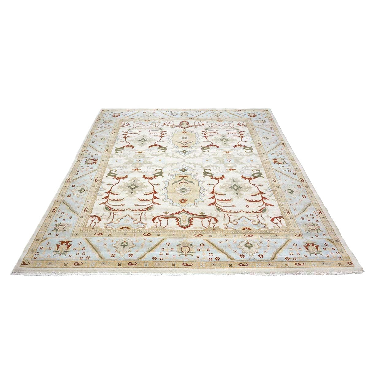 Afghan Sultanabad Masters Wool 8x9 Ivory, Light Blue & Rust Handmade Area Rug #9902705
