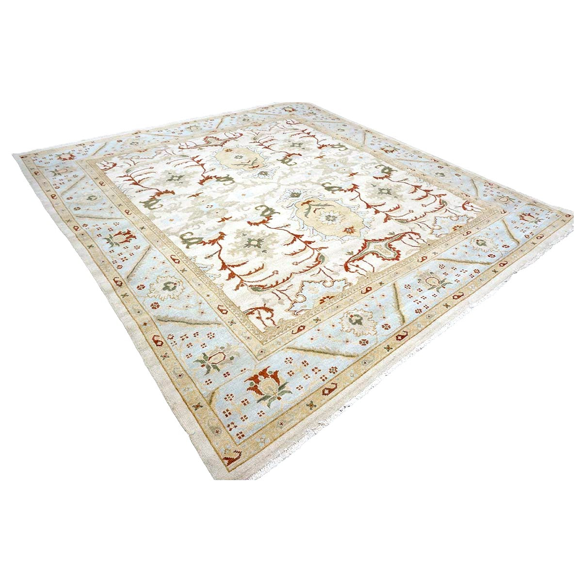 Afghan Sultanabad Masters Wool 8x9 Ivory, Light Blue & Rust Handmade Area Rug #9902705