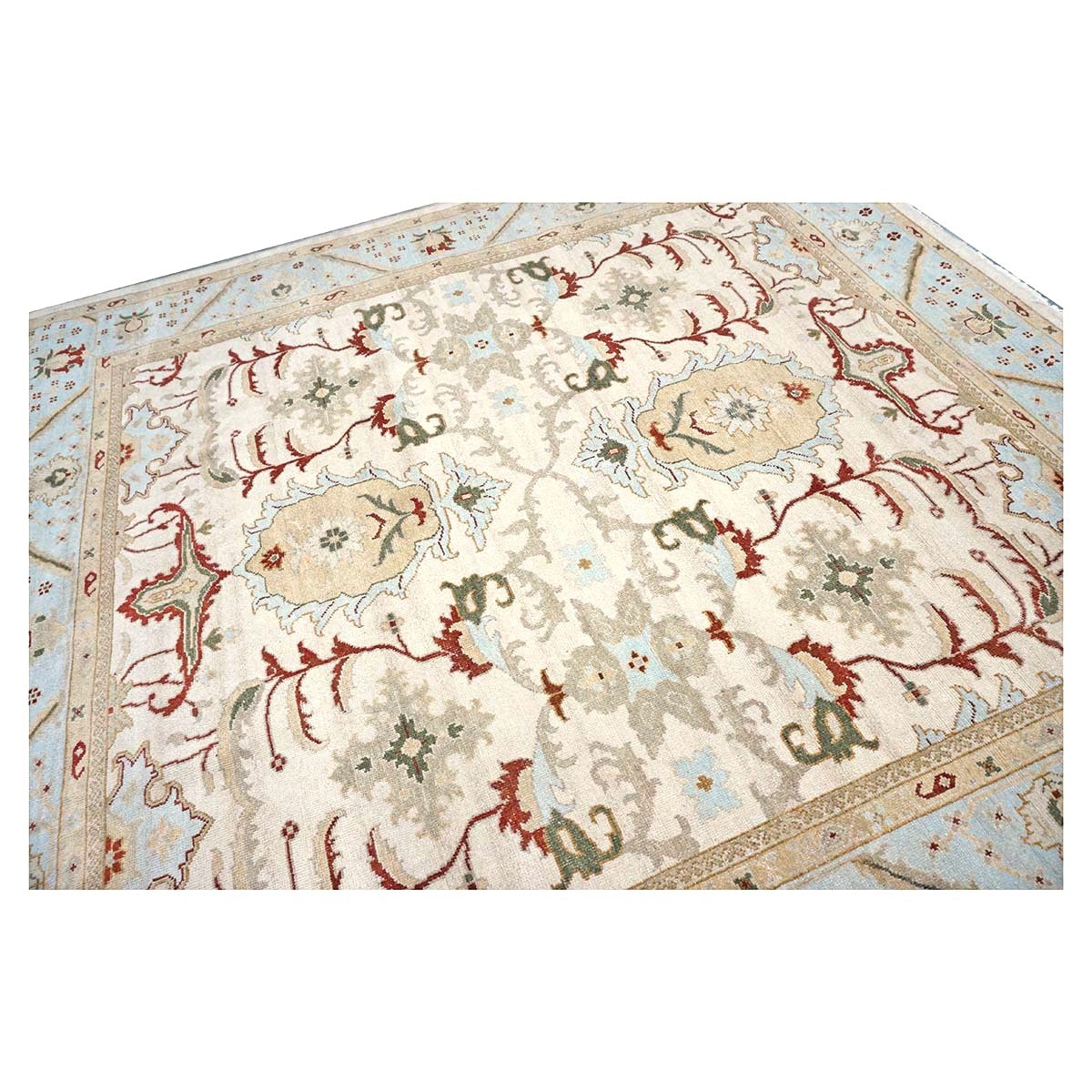 Afghan Sultanabad Masters Wool 8x9 Ivory, Light Blue & Rust Handmade Area Rug #9902705