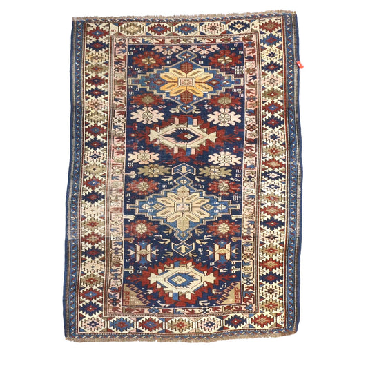 Antique Azerbaijani Kazak Wool 4x5 Navy & Ivory Handmade Area Rug #9902724
