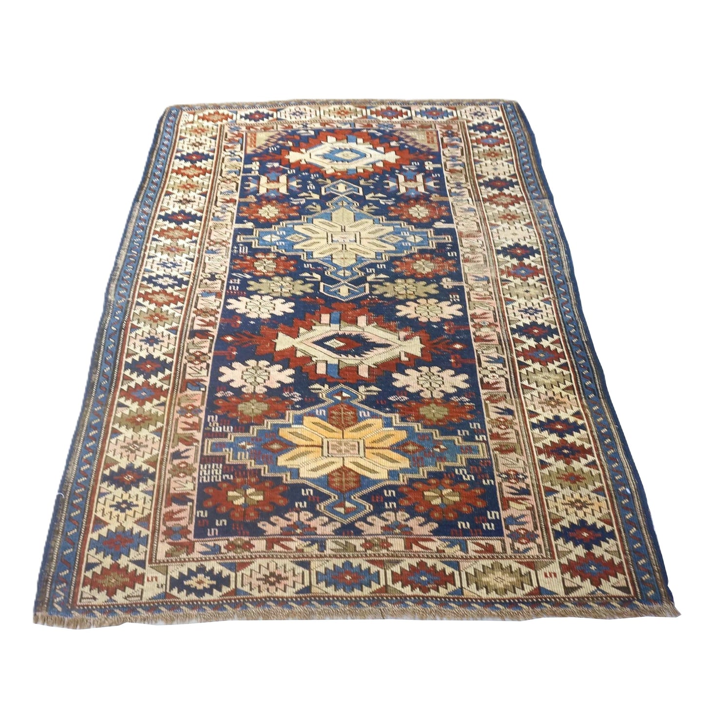Antique Azerbaijani Kazak Wool 4x5 Navy & Ivory Handmade Area Rug #9902724