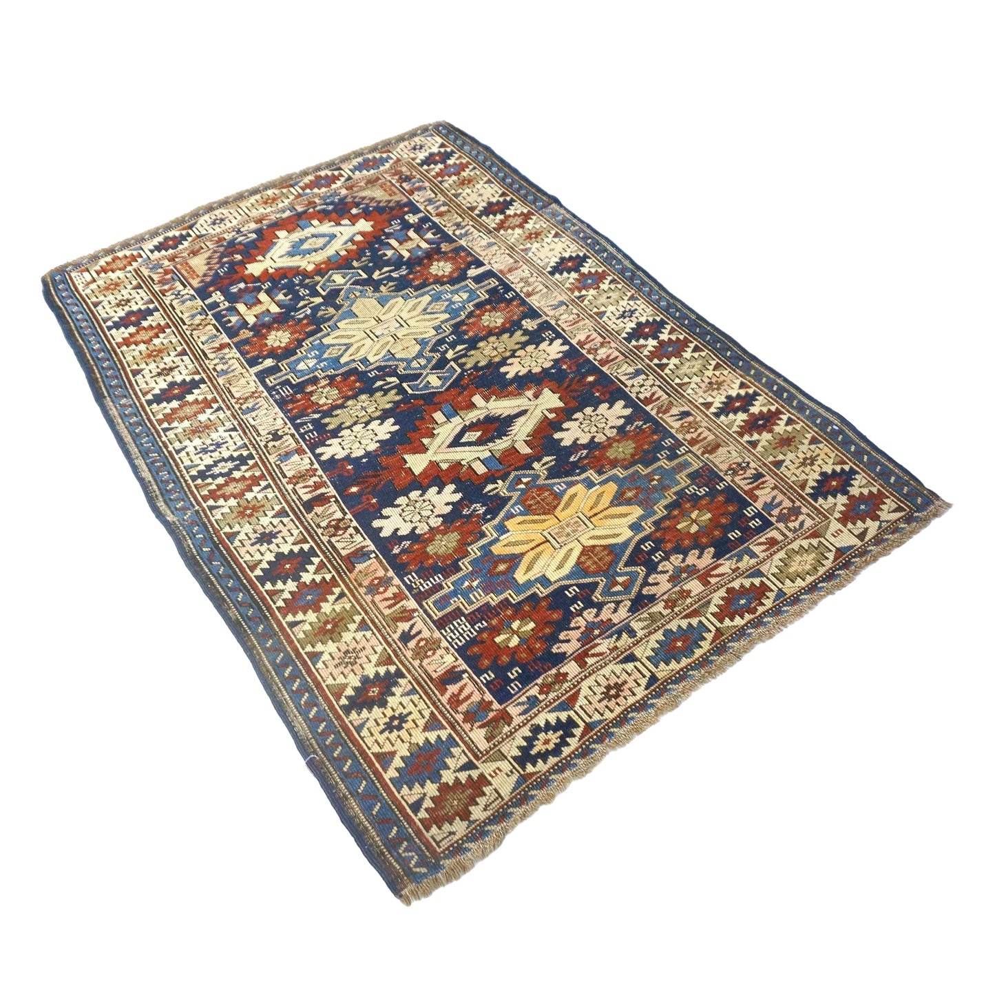 Antique Azerbaijani Kazak Wool 4x5 Navy & Ivory Handmade Area Rug #9902724