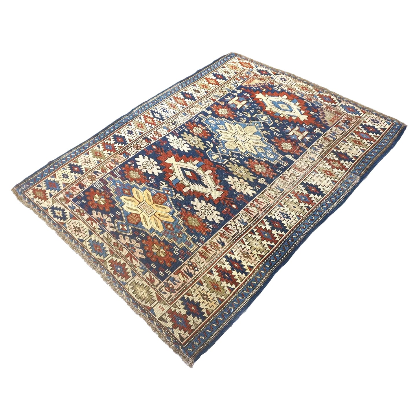 Antique Azerbaijani Kazak Wool 4x5 Navy & Ivory Handmade Area Rug #9902724