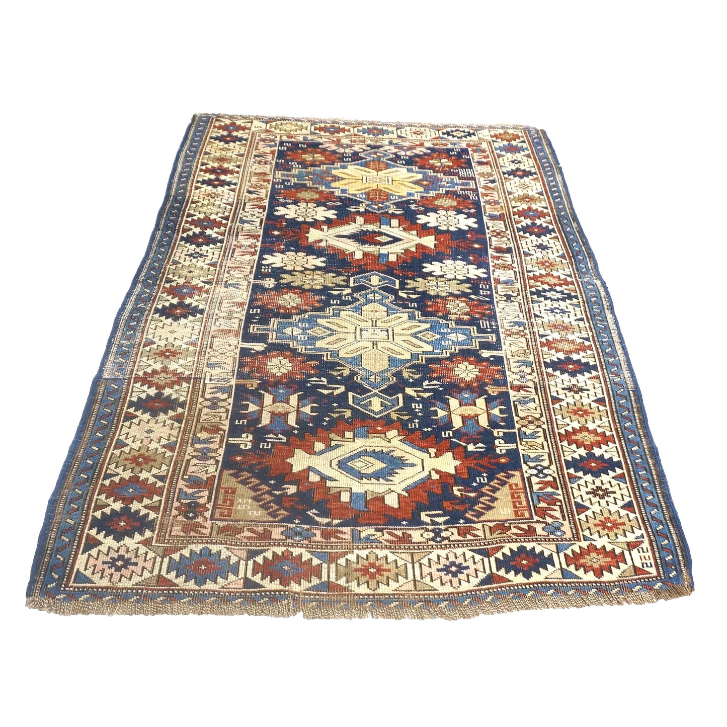 Antique Azerbaijani Kazak Wool 4x5 Navy & Ivory Handmade Area Rug #9902724