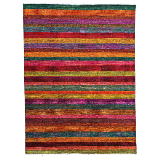 Indian Modern Sari Silk Ikat 9x12 Red Vibrant Multicolor Handmade Area Rug #9902755