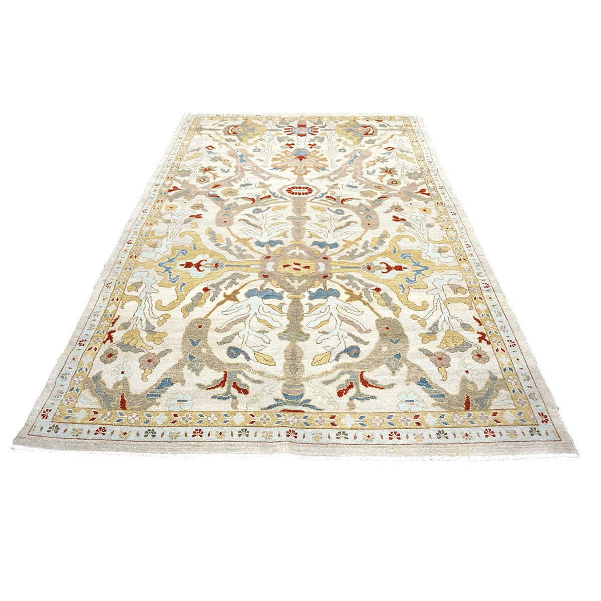 21st Century Afghan Sultanabad Wool 6x9 Ivory, Taupe, Blue & Red Handmade Area Rug #9902774