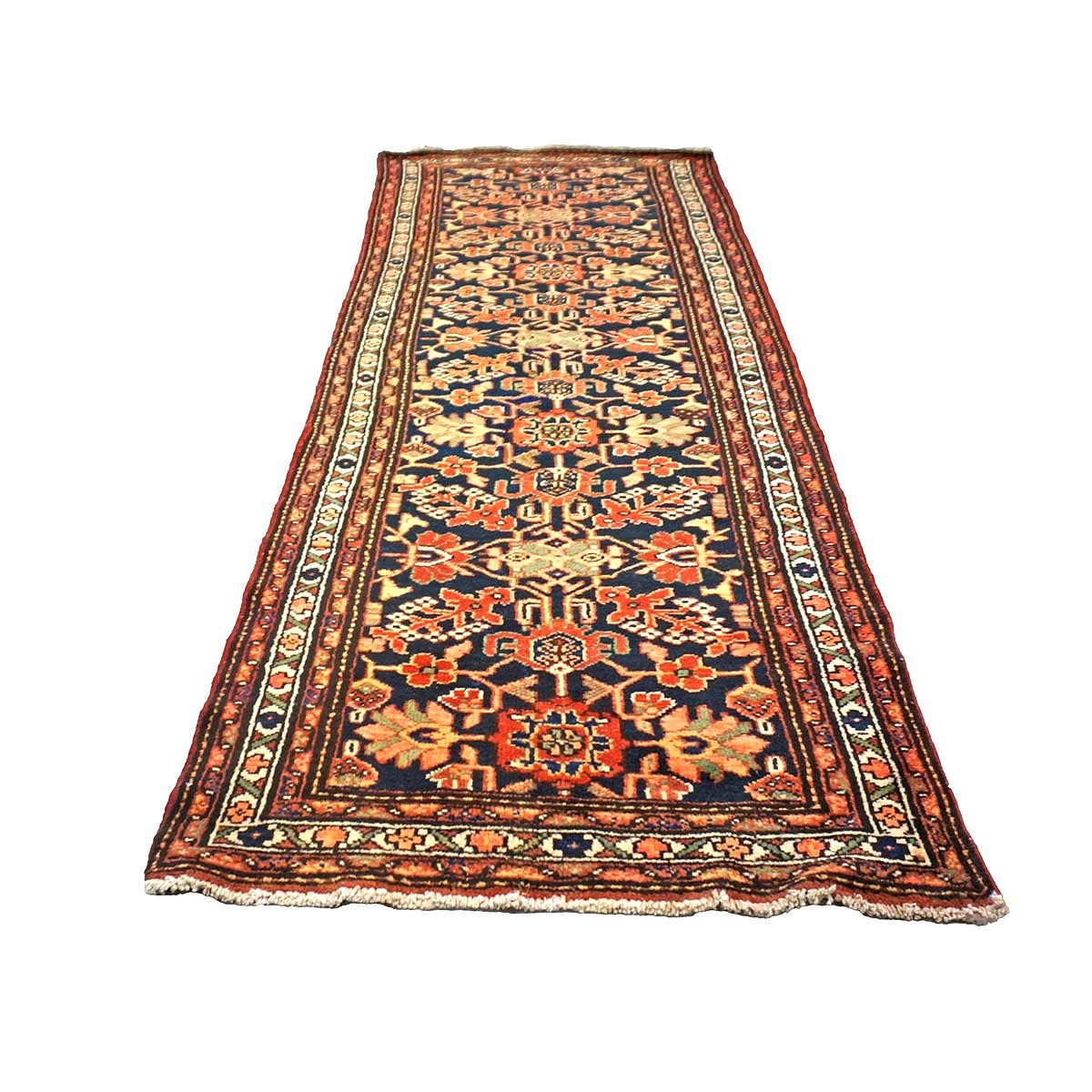 Antique Persian Hamadan Wool 4x10 Red, Navy & Ivory Handmade Gallery Rug # 9902786