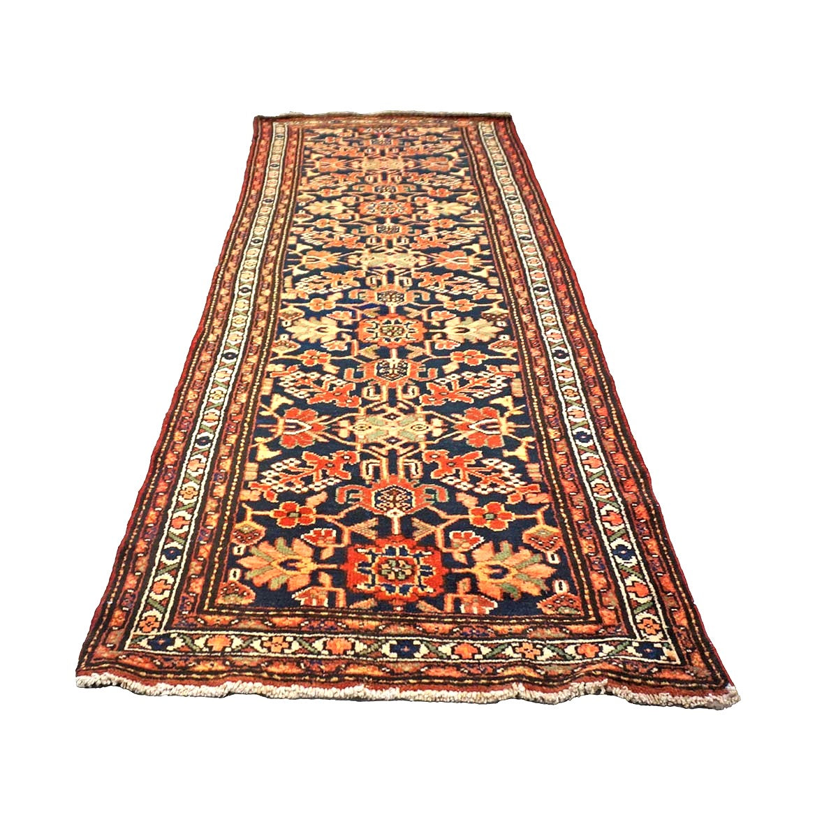 Antique Persian Hamadan Wool 4x10 Red, Navy & Ivory Handmade Gallery Rug # 9902786