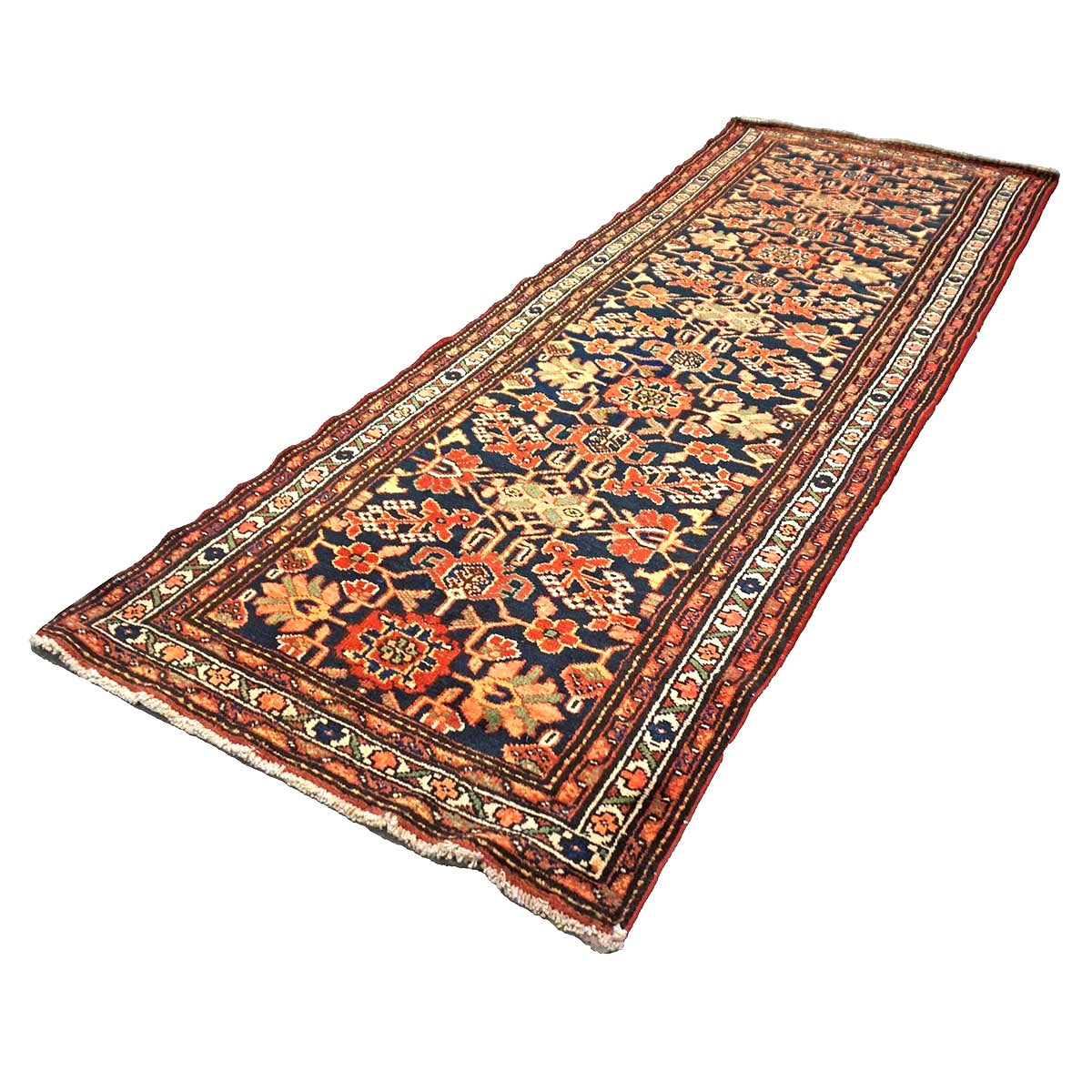 Antique Persian Hamadan Wool 4x10 Red, Navy & Ivory Handmade Gallery Rug # 9902786
