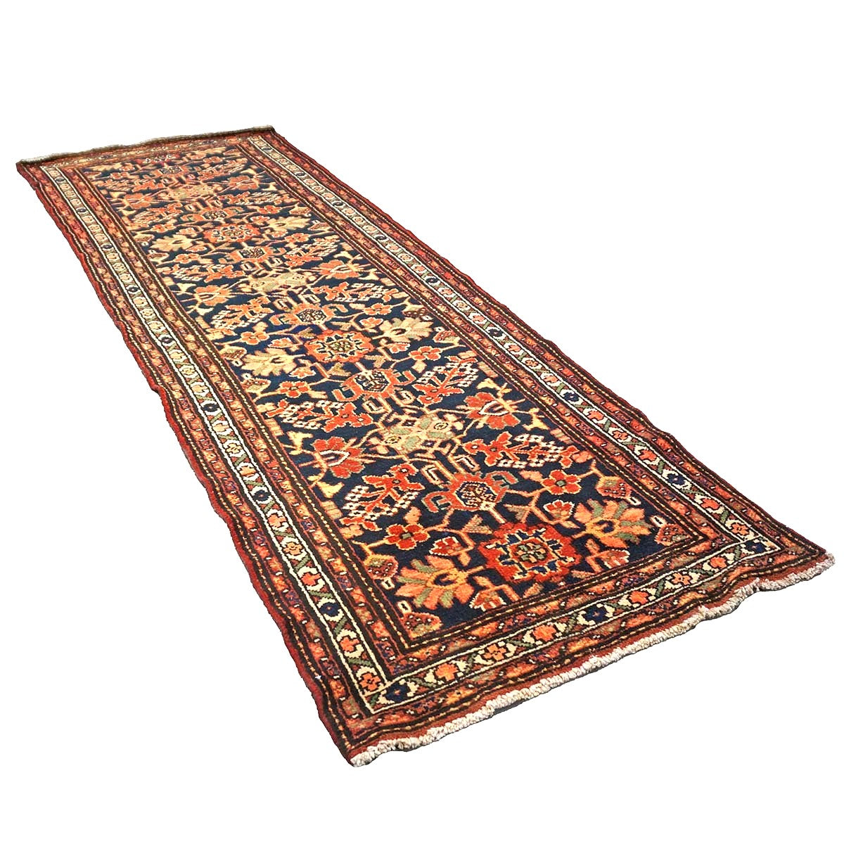 Antique Persian Hamadan Wool 4x10 Red, Navy & Ivory Handmade Gallery Rug # 9902786