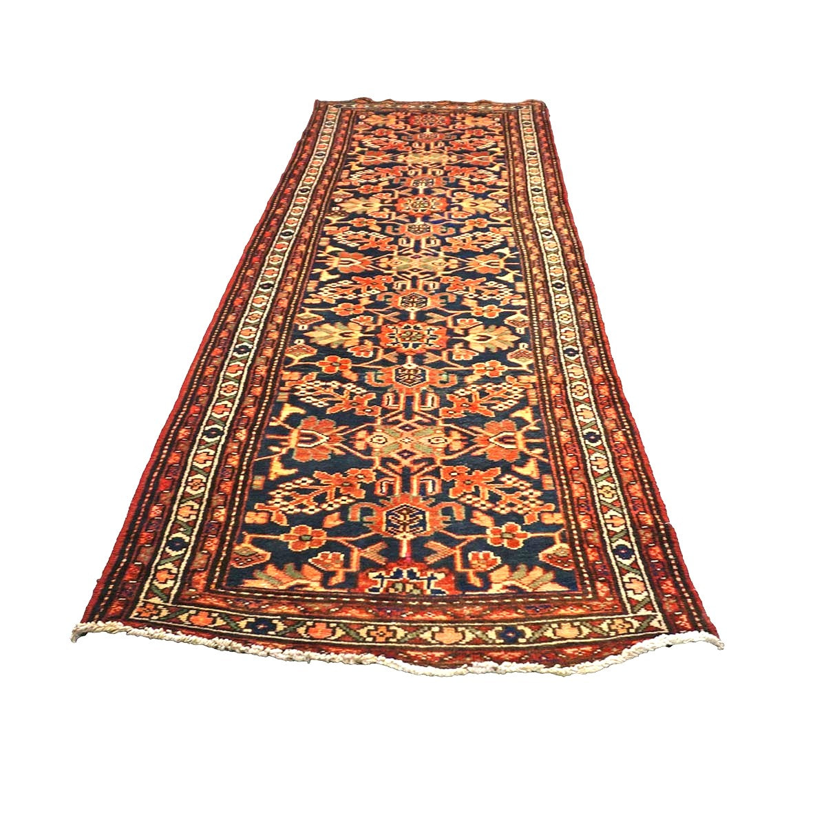 Antique Persian Hamadan Wool 4x10 Red, Navy & Ivory Handmade Gallery Rug # 9902786