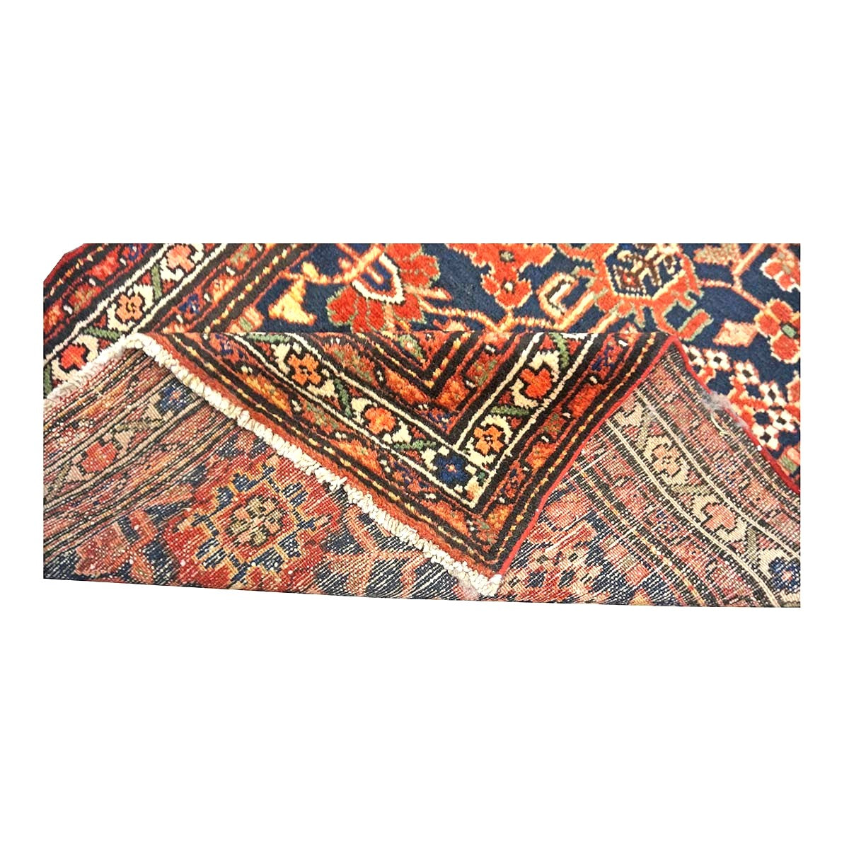 Antique Persian Hamadan Wool 4x10 Red, Navy & Ivory Handmade Gallery Rug # 9902786