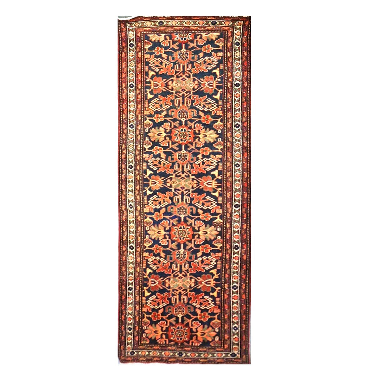Antique Persian Hamadan Wool 4x10 Red, Navy & Ivory Handmade Gallery Rug # 9902786