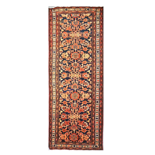 Antique Persian Hamadan Wool 4x10 Red, Navy & Ivory Handmade Gallery Rug # 9902786