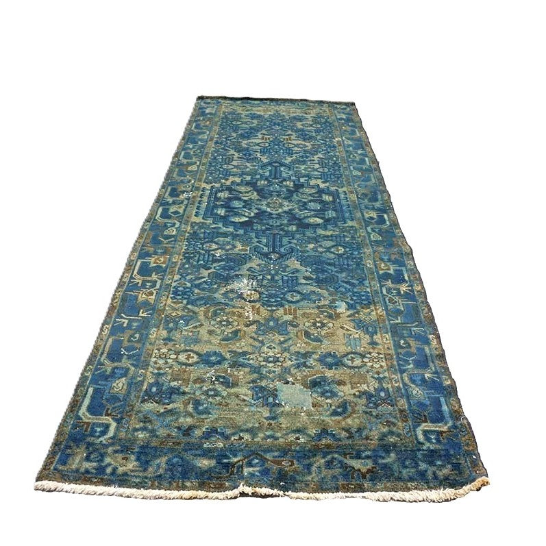 Vintage Persian Overdye Wool 3x9 Blue & Teal Handmade Runner Rug # 9902802