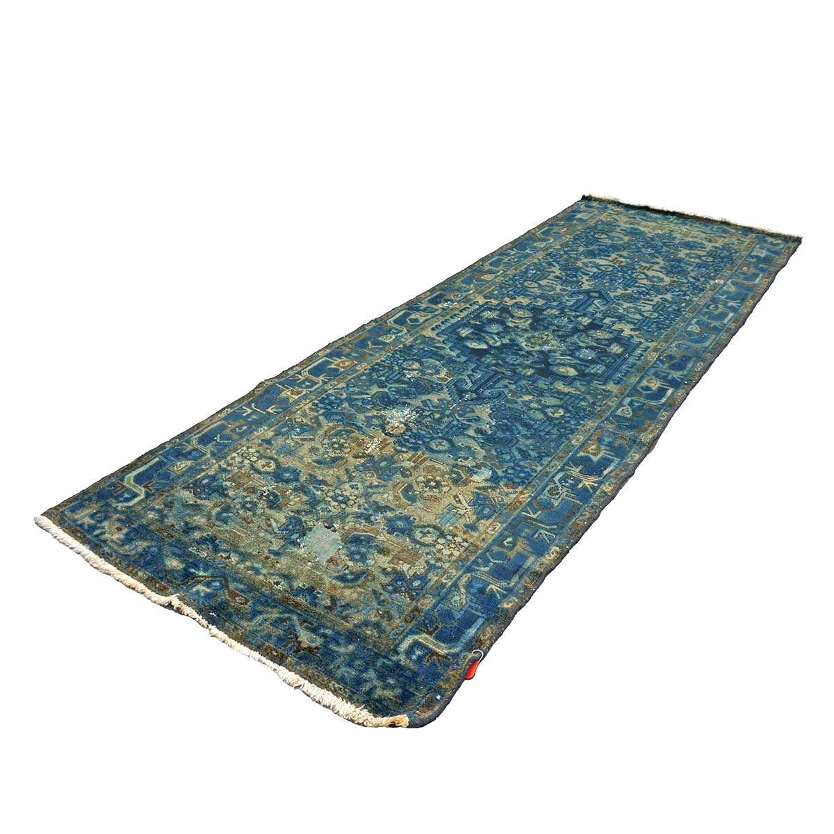 Vintage Persian Overdye Wool 3x9 Blue & Teal Handmade Runner Rug # 9902802