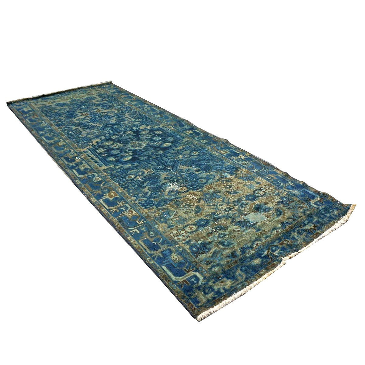 Vintage Persian Overdye Wool 3x9 Blue & Teal Handmade Runner Rug # 9902802
