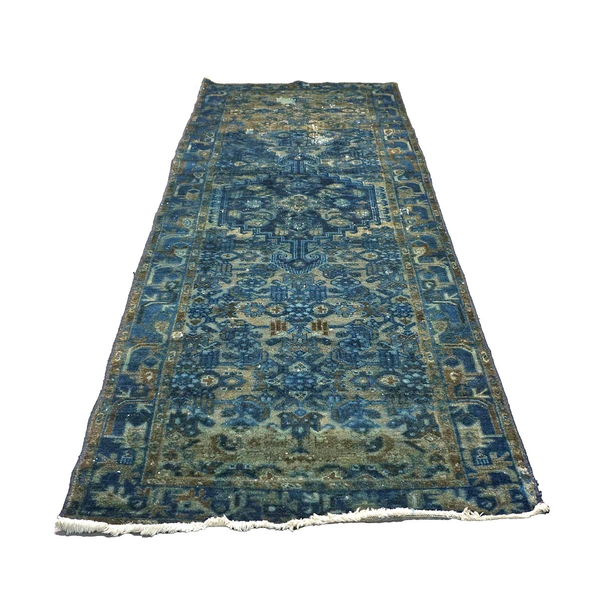Vintage Persian Overdye Wool 3x9 Blue & Teal Handmade Runner Rug # 9902802