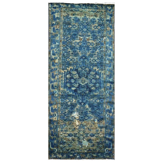 Vintage Persian Overdye Wool 3x9 Blue & Teal Handmade Runner Rug # 9902802