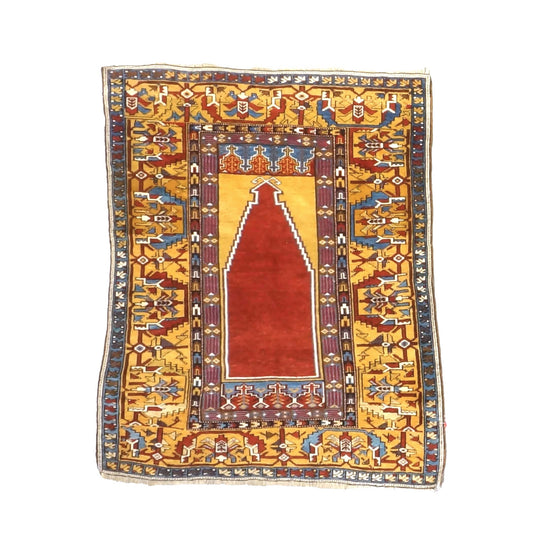 Antique Turkish Mudjar Wool 4x5 Red & Gold Handmade Area Rug #9902810