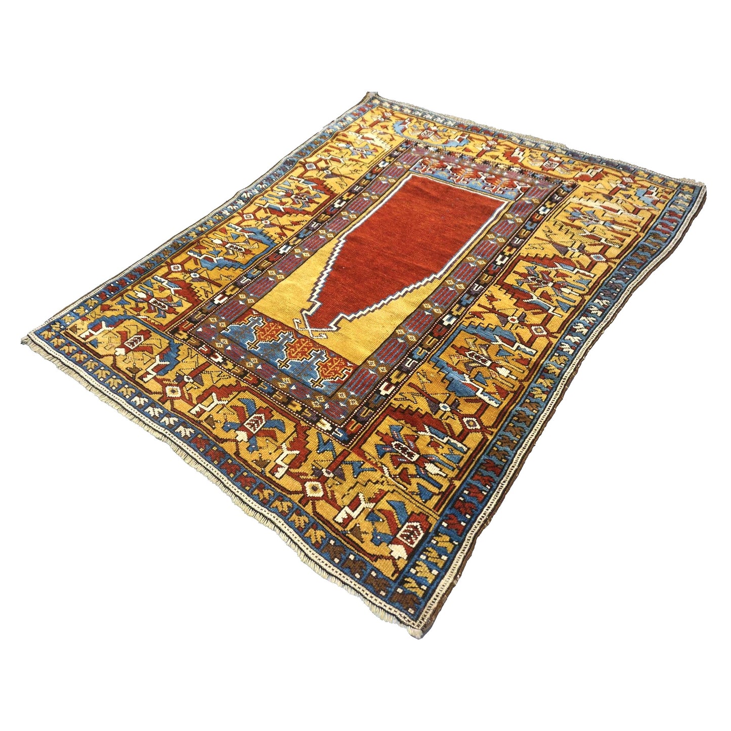 Antique Turkish Mudjar Wool 4x5 Red & Gold Handmade Area Rug #9902810
