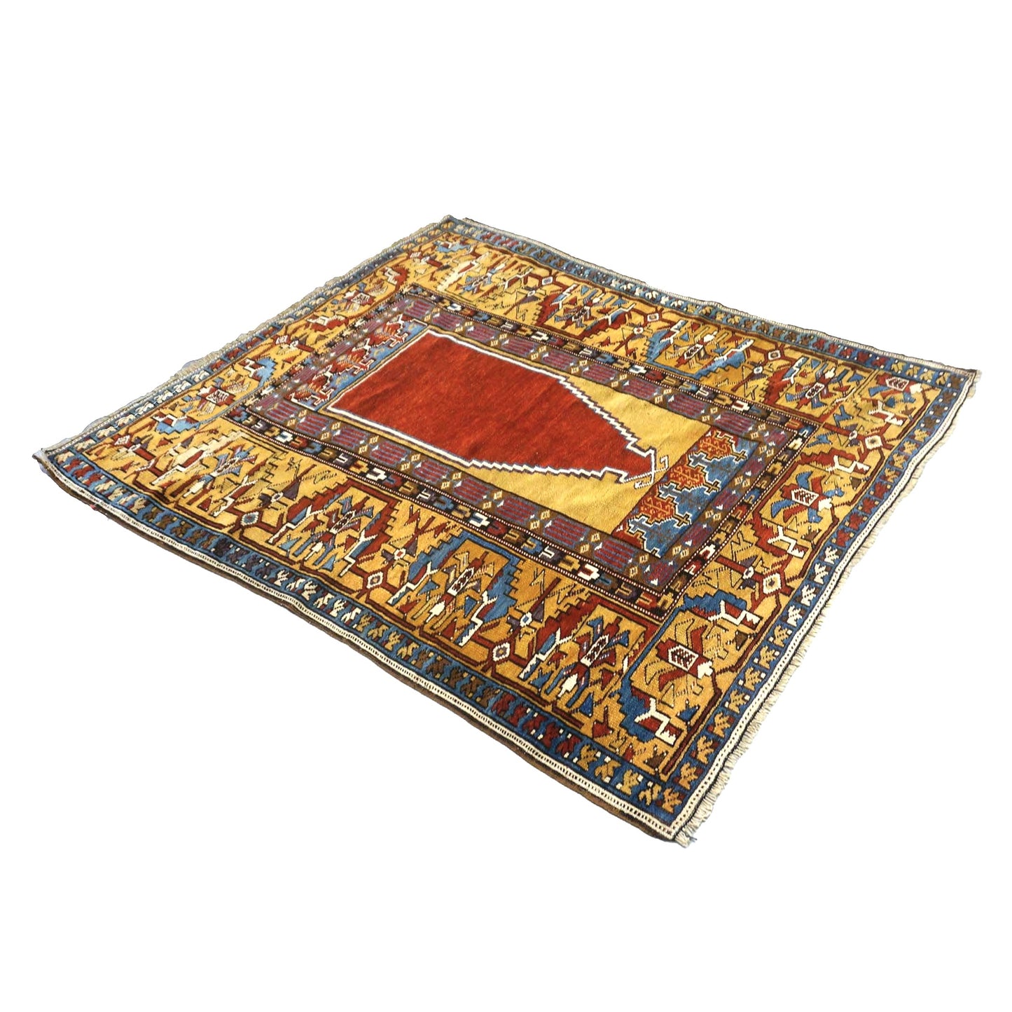 Antique Turkish Mudjar Wool 4x5 Red & Gold Handmade Area Rug #9902810