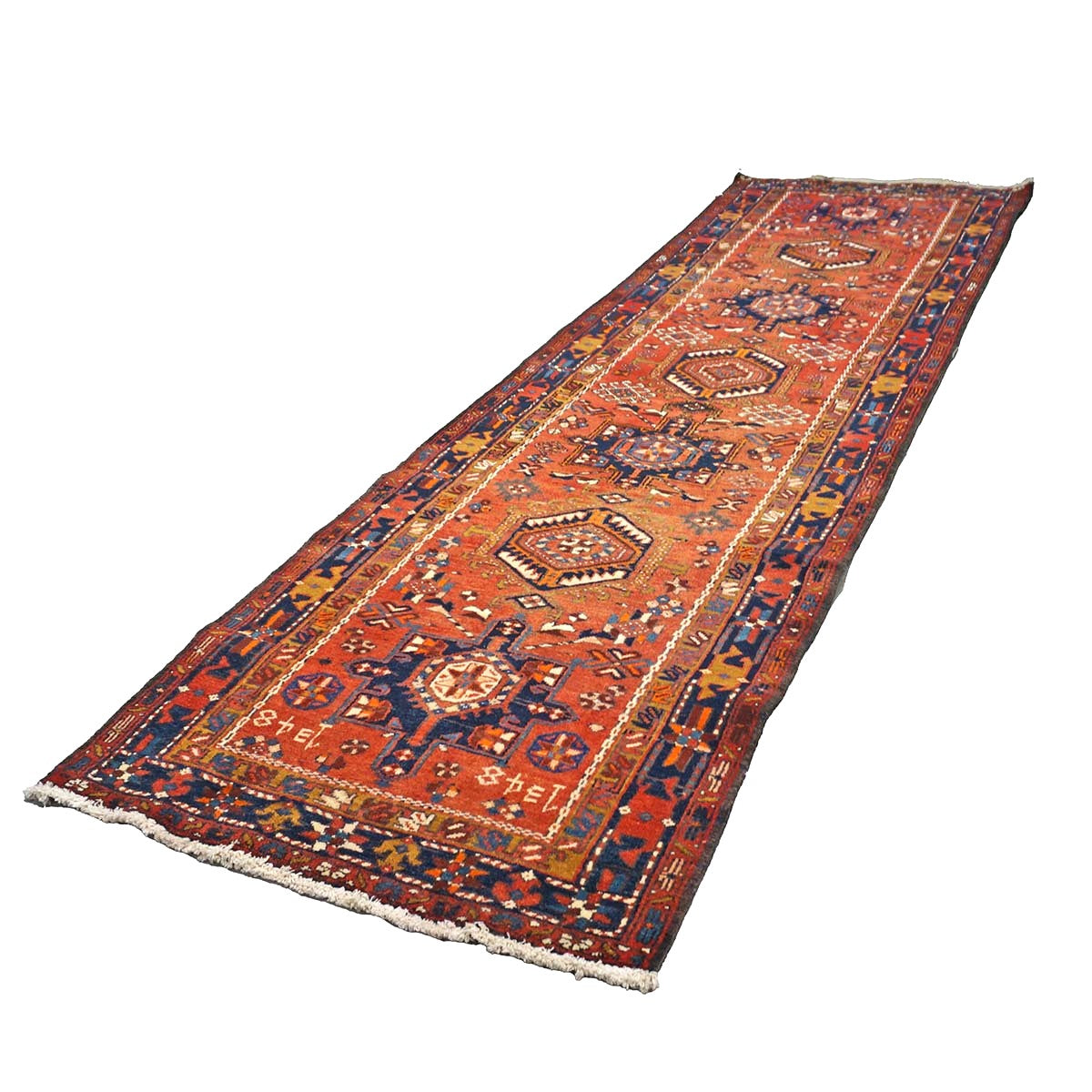 Persian Karajeh Wool 3x11 Rust, Blue & Ivory Handmade Runner Rug #9902832