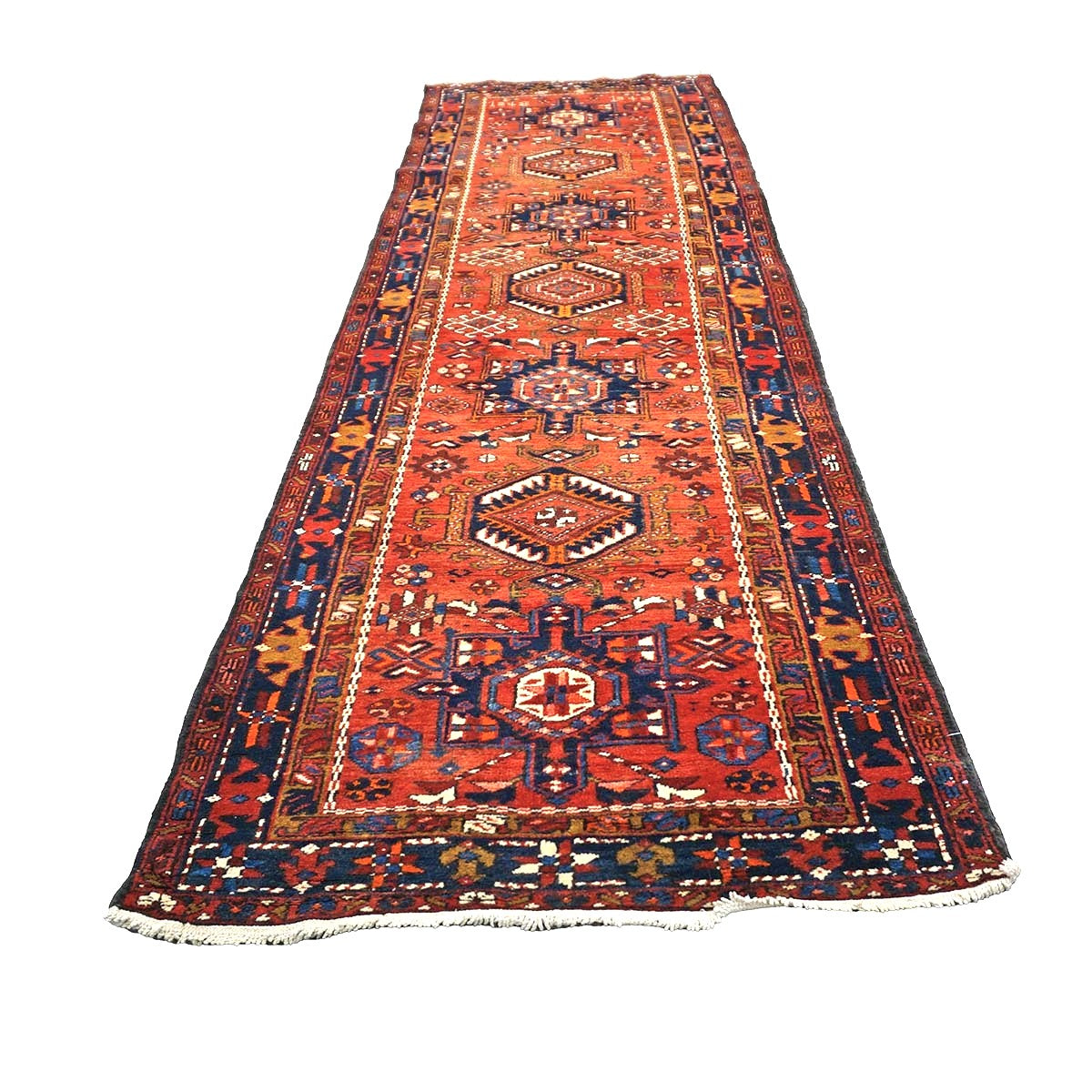 Persian Karajeh Wool 3x11 Rust, Blue & Ivory Handmade Runner Rug #9902832