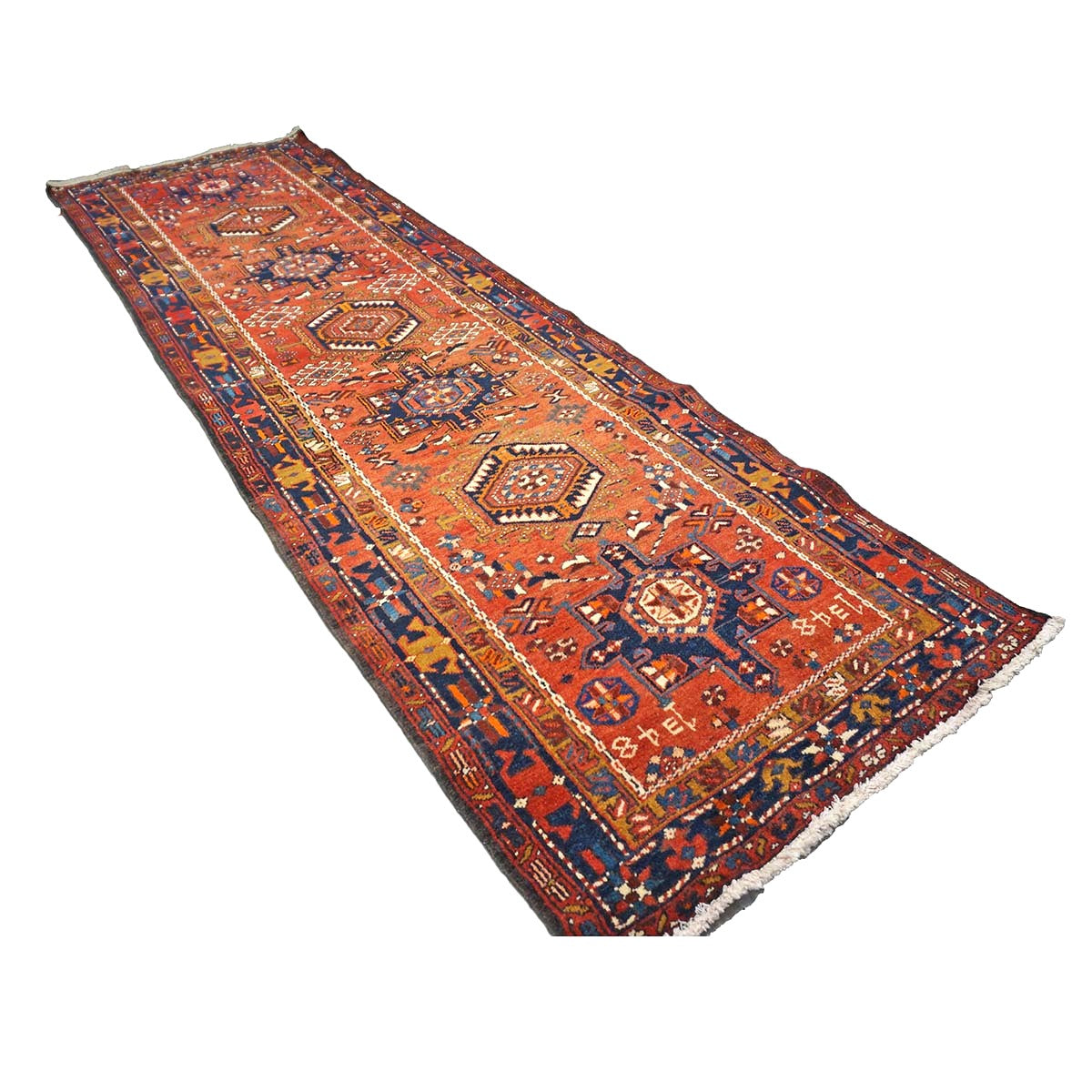 Persian Karajeh Wool 3x11 Rust, Blue & Ivory Handmade Runner Rug #9902832