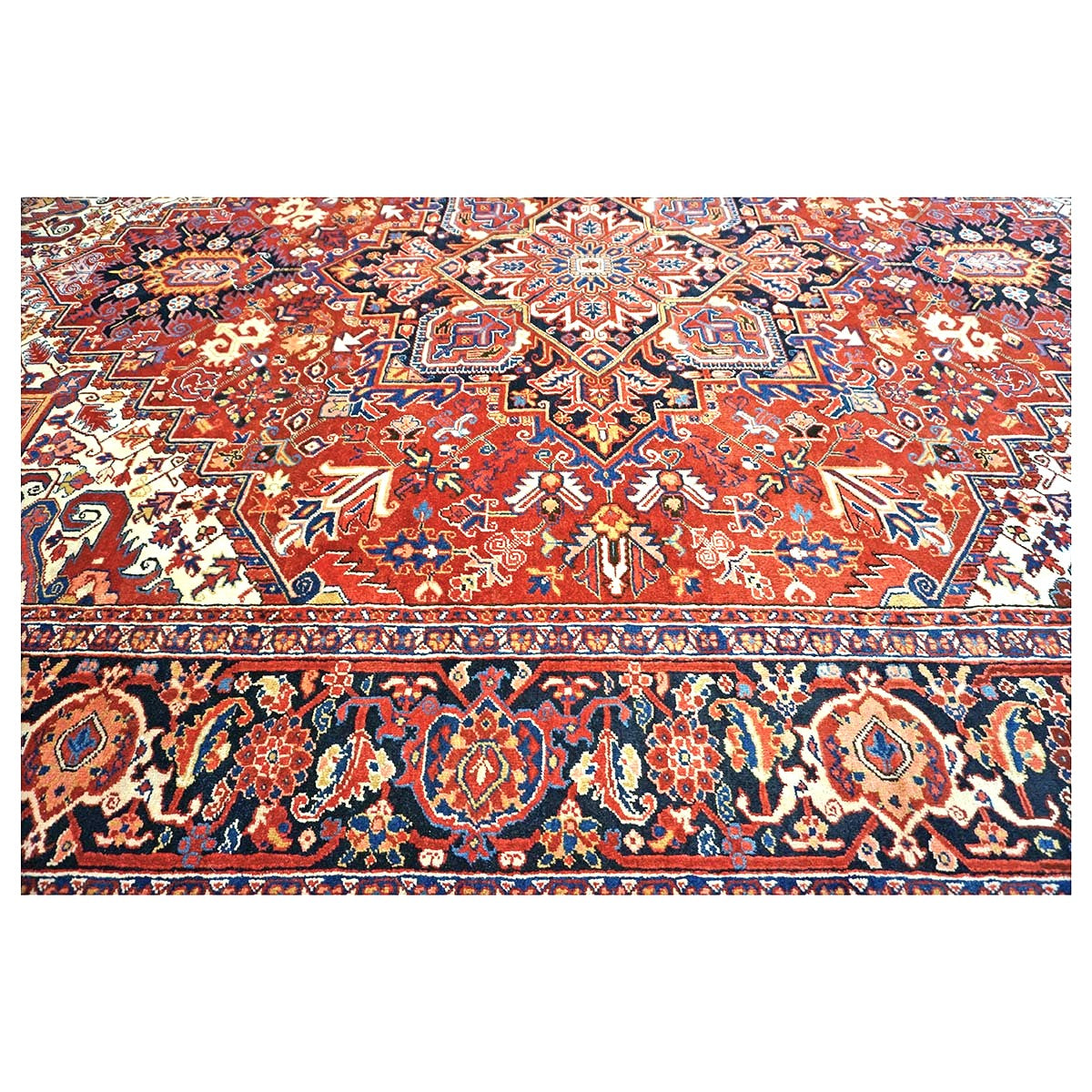 Vintage Persian Heriz Wool 10x13 Red, Ivory & Navy Handmade Area Rug #9902835