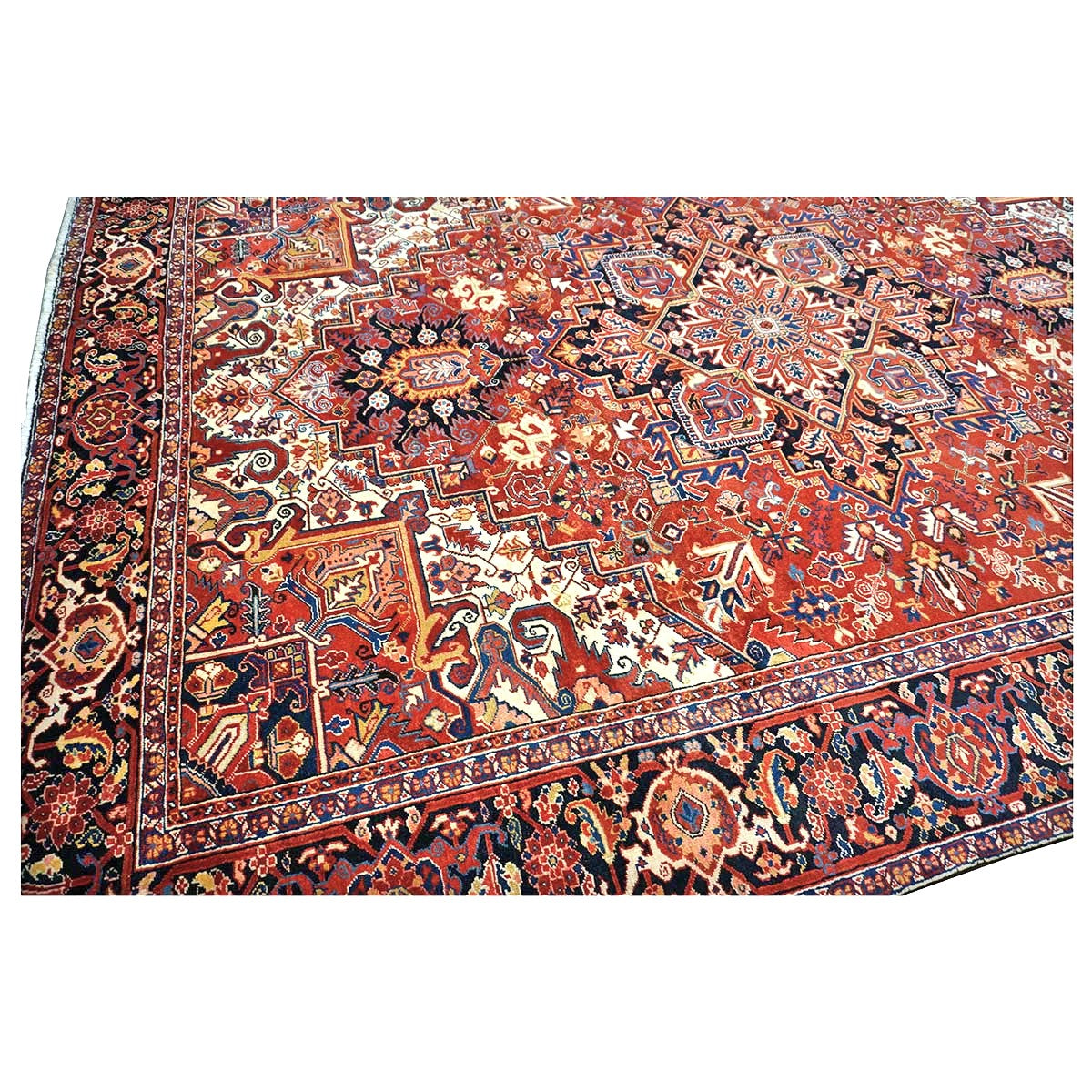 Vintage Persian Heriz Wool 10x13 Red, Ivory & Navy Handmade Area Rug #9902835